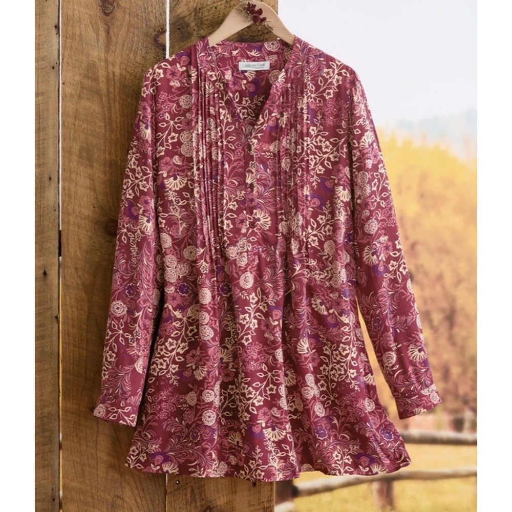 Coldwater Creek Womens 1X Burgundy Floral Pintuck Rayon Tunic Blouse Top 14957
